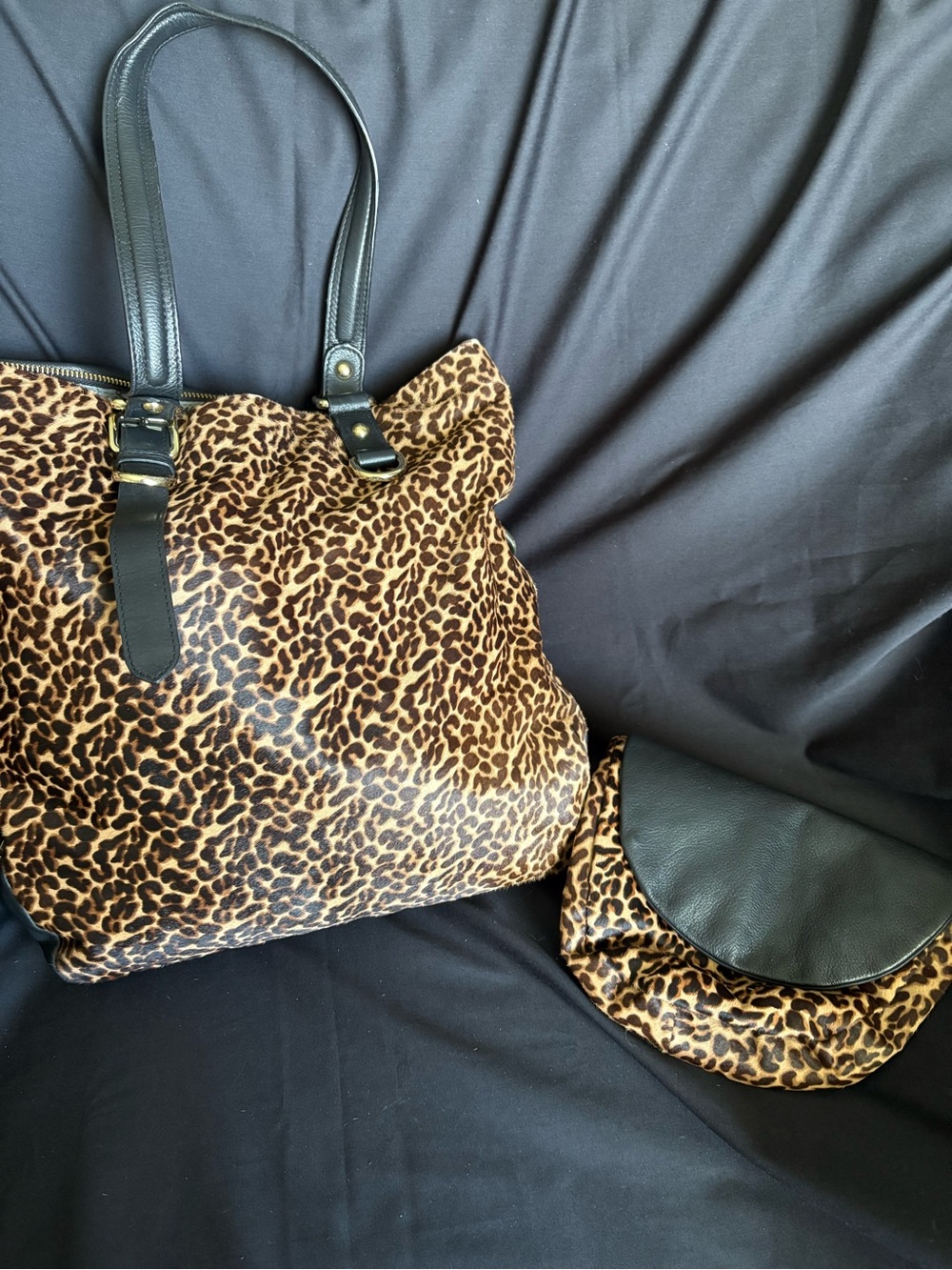 Ash Domino Leopard Print Tote & Clutch Set - Black Trim